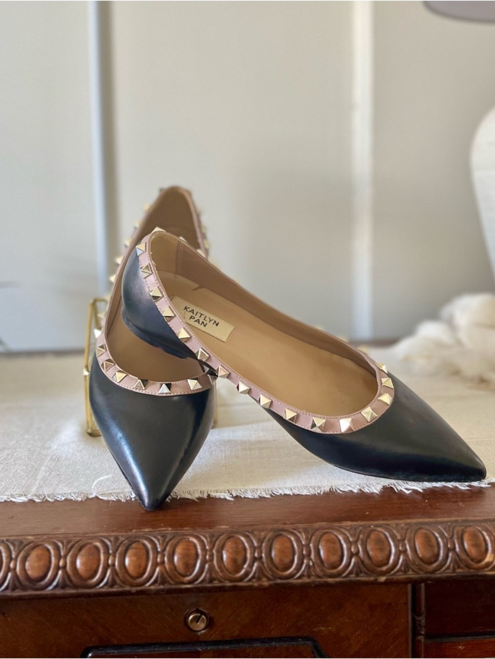 Kaitlyn Pan black and tan Pointed Leather Flats with Stud Trim